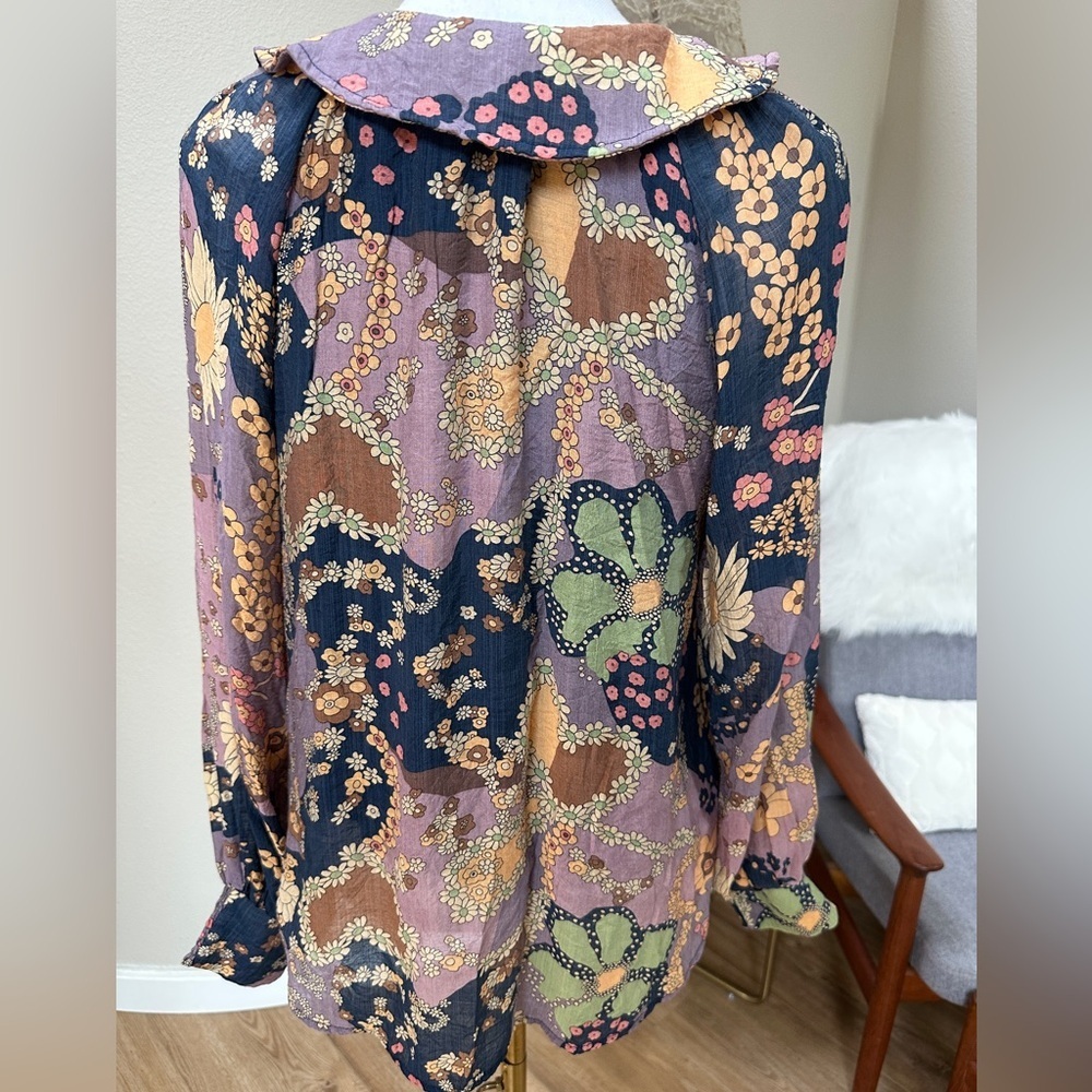 Entro boho Floral Daisy Blue Purple Popover Peasant Blouse Top - Picture 3 of 9